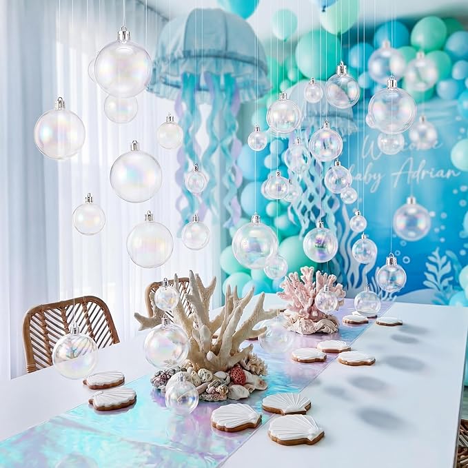30 Pcs Transparent 3D Bubble Party Decorations Clear Plastic Ornament Balls 5 Sizes Mermaid Ocean Bubble Garland Hanging DIY Ceiling Wall Decor for Birthday Baby Shower Wedding