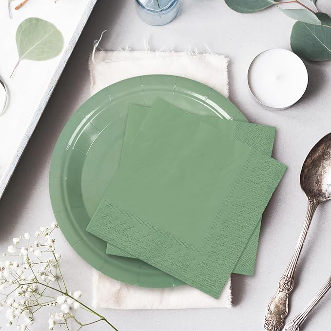 Whaline 100Pcs Sage Green Tableware Set Wedding Disposable Dinnerware Set 50 Paper Plates 25 Napkin 25 Cups for Wedding Birthday Bride Baby Shower Party Supplies Table Decorations