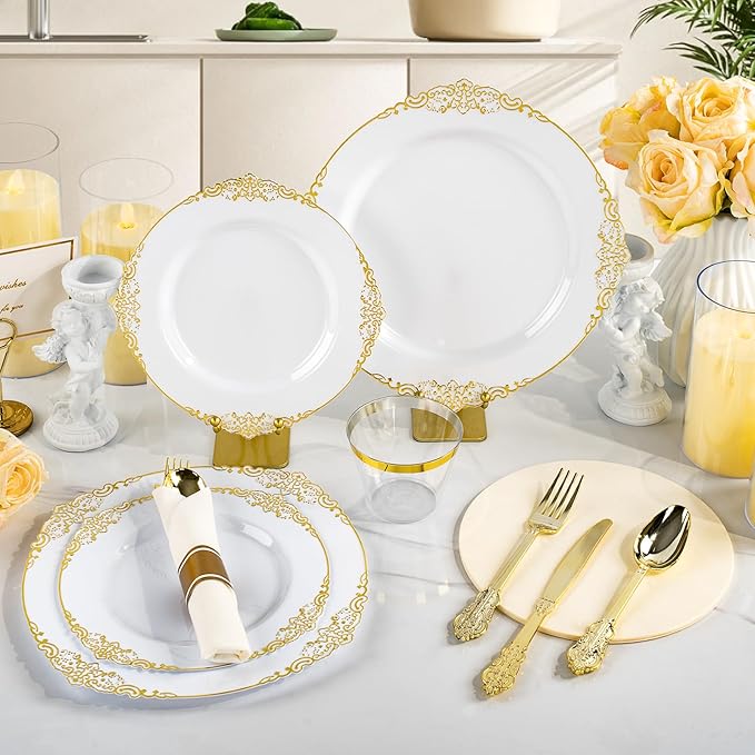 Bestluck 175PCS Gold Plastic Plates for 25 Guests, Disposable Dinnerware Sets Include 50 Gold Rim Plastic Plates, 25 Silverwares, 25 Cups, and 25 Pre Rolled Napkins for Party, Wedding and Graduation