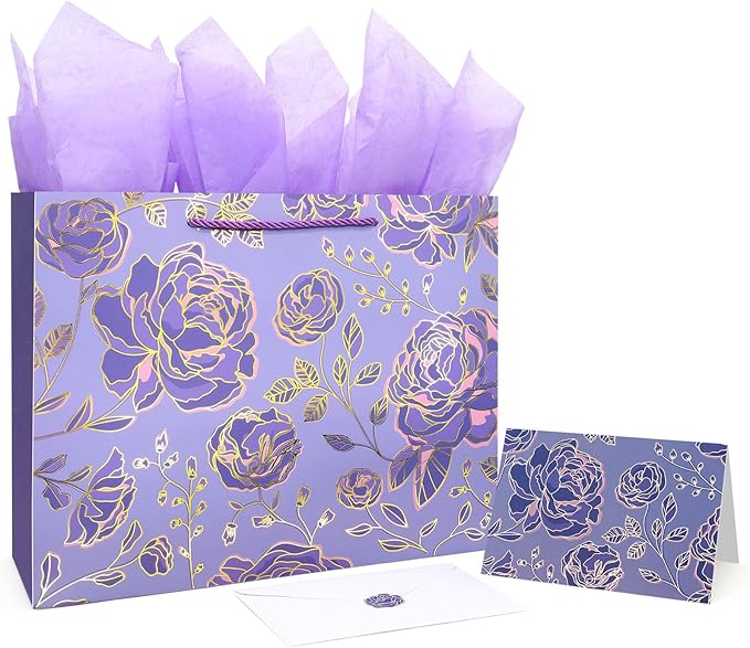 Oletx 13" Gold Purple Flower Paper Gift Bags,Happy Birthday Gift Bags with Tissue Paper Greeting Card for Women's Birthday Party, Wedding Anniversaries,Mother's Day,Valentine's Day