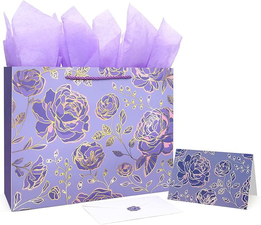 Oletx 13" Gold Purple Flower Paper Gift Bags,Happy Birthday Gift Bags with Tissue Paper Greeting Card for Women's Birthday Party, Wedding Anniversaries,Mother's Day,Valentine's Day