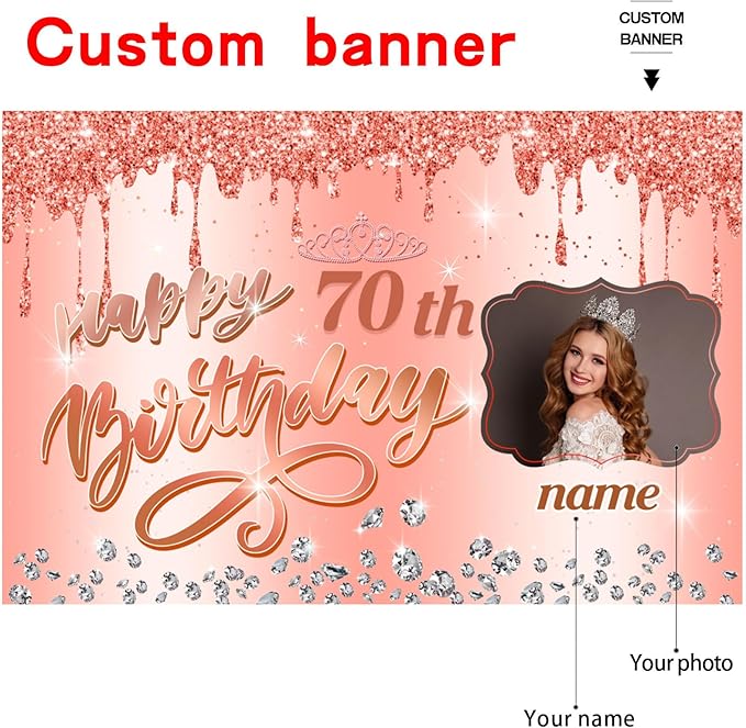 Dicodes Customizable Rose Gold Happy 70th Birthday Decoration Banner - Personalized with Name and Photo(70th)