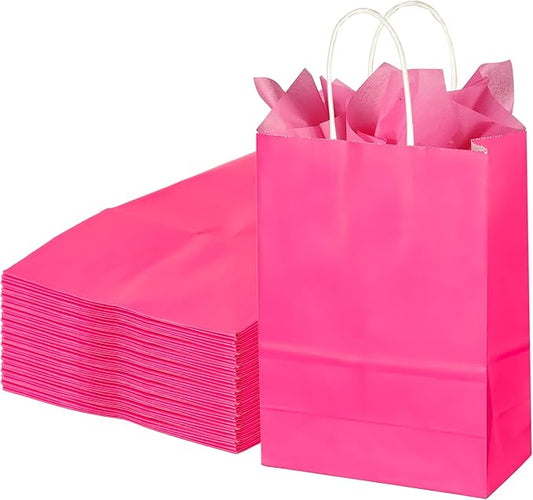 BLEWINDZ 32Pcs Small Paper Gift Bags with Tissues, Hot Pink Party Favor Bags with Handles, 8.7" Goodie Bag for Birthday, Shopping, Party Supplies