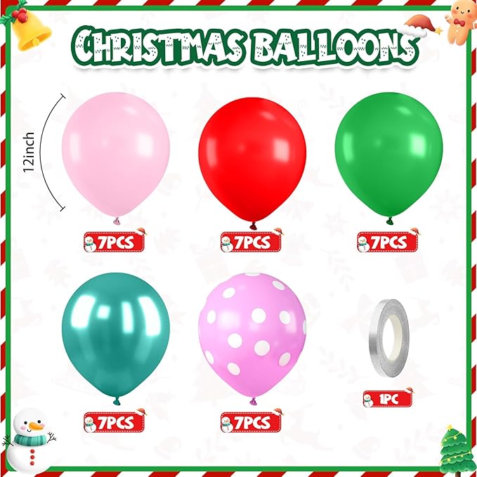 Red Pink Green Balloons with Pink Polka Dots Print Balloon, Pearl Turquoise Blue Dark Green Xmas Party Balloon for Birthday Carnival New Year Holiday Christmas Party Decorations