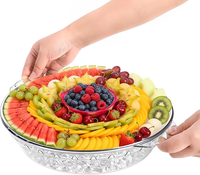 DEAYOU 3 Set 11.8" Chilled Serving Tray for Parties, Round Shrimp Cocktail Serving Dish with Ice Compartment, Ice Serving Bowl Cold Platter for Appetizer, Fruit, Veggie, Salad, Buffet, Keep Food Cold