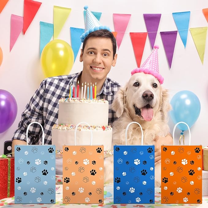 Kolldenn 24 Pcs Small Dog Party Favors Puppy Paw Print Gift Bags with Handles Small Gift Paper Bags Puppy Print Treat Goodie Shopping Handbags for Dog Birthday Party Favor Supplies