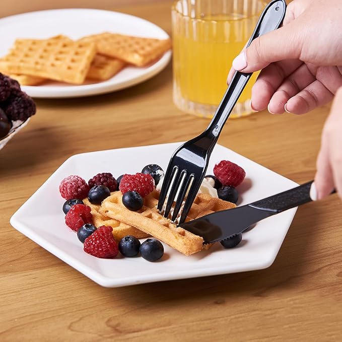 FULING [300 Combo Box] Black Plastic Forks Spoons Knives Heavyweight Utensils Disposable Silverware Heavy Duty Cutlery Set