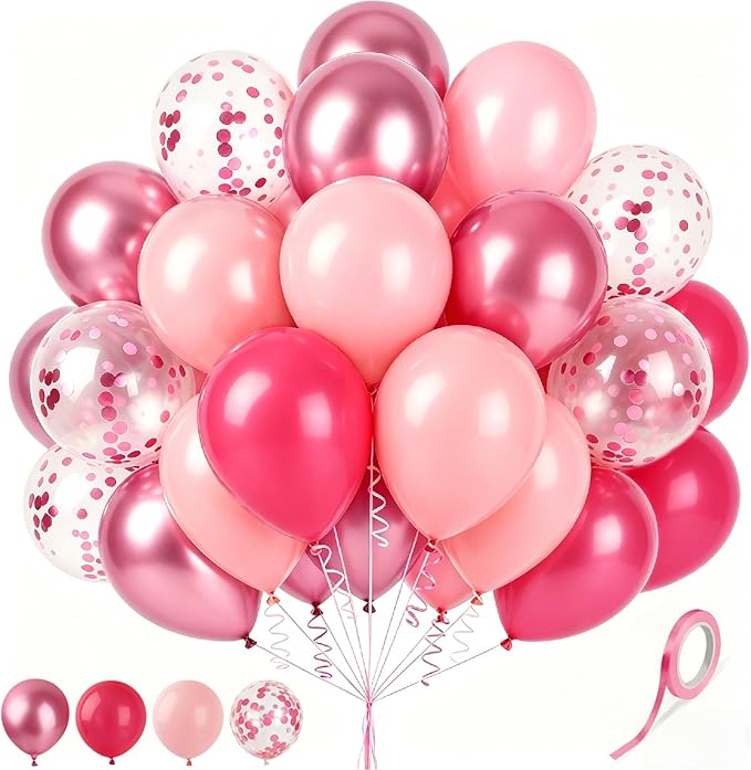 Metallic Pink Hot Pink Balloons and Pink Confetti Balloon, 60 Pcs 12 Inch Latex Confetti Metallic Balloons with 1 Ribbon, for Birthday Wedding Bridal Shower Party Decorations