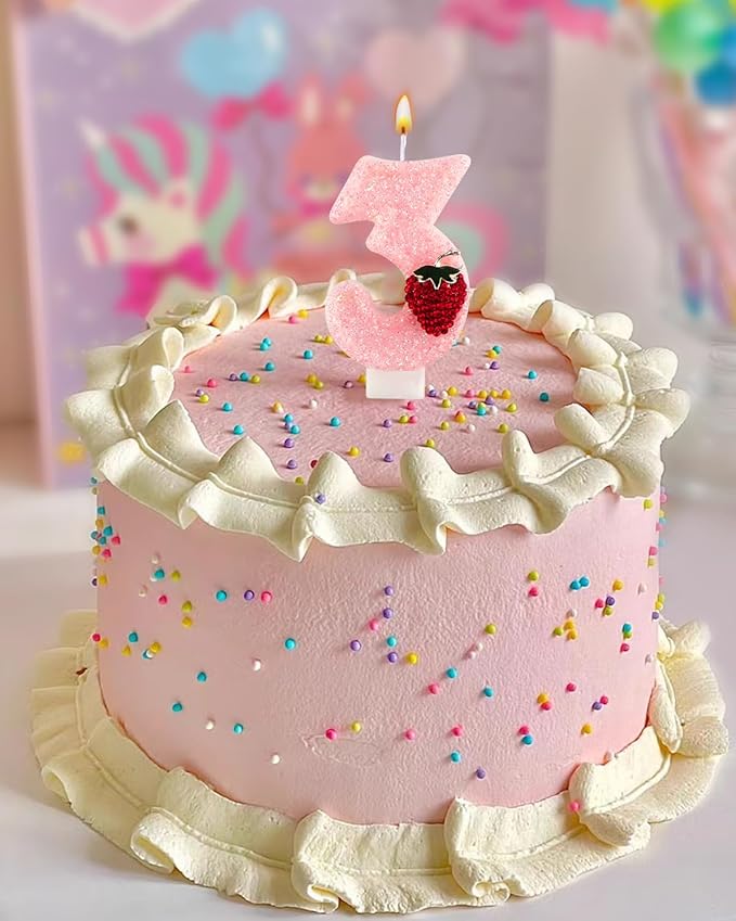 Birthday Candles for Cake, Pink Number Candles, Cake Candles with Greeting Card for Birthday Party Wedding Anniversary Celebrations (Strawberry 3 Candle)