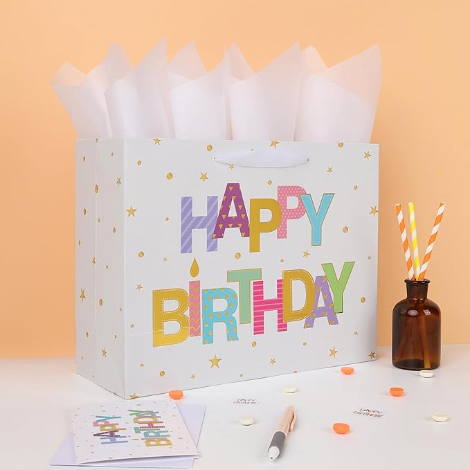Qirrmiy 13'' Large Happy Birthday Gift Bag Set with Handles, Greeting Card, White Tissue Papers and Stickers for Women Girls Kids Teens, Foil Letter Design, 1 Pcs
