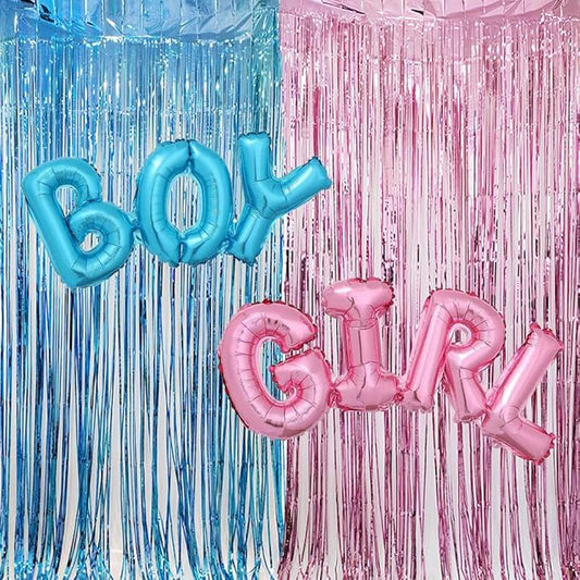 Boy or Girl Foil Balloons, Metallic Tinsel Foil Fringe Curtain Blue Pink Gender Reveal Party Supplies Sparkle Foil Fringe Curtain Balloons Decoration