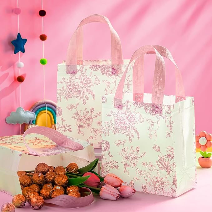 Sweetude 16 Pcs Pink Floral Gift Bags with Handles, Reusable Non-woven Tote Bags, Pastel Spring Flower Party Favors for Graduation, Wedding, Baby Shower, Bridal Shower, Birthday