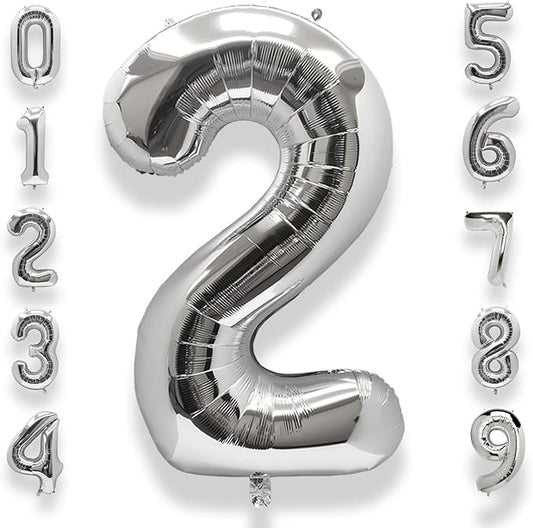 AULE 40 Inch Big Silver 2 Balloon Number Large Foil Helium Number Balloons 0-9 Jumbo Giant Happy 2nd Birthday Party Decorations for Boy or Girl Huge Mylar Anniversary Party Supplies