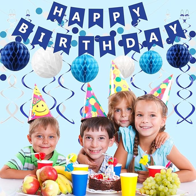 Blue Birthday Decorations Banner Navy Blue Happy Birthday decorations with 6 Honeycomb Balls,6 Metallic Hanging Swirls and Circle Dot Garland Decroations for boys men Birthday Party Decorations