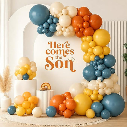 Here Comes the Son Balloon Arch Garland Kit, 128pcs Retro Blue and Yellow Balloons, Slate Blue and Beige Balloon for kids Baby Shower Gender Reveal Boho Birthday Back to School Party Decorations