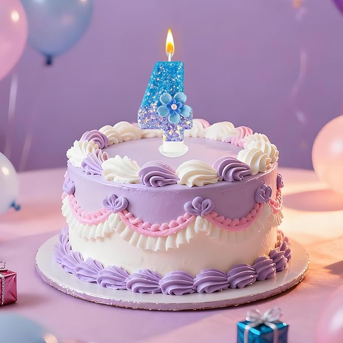 Blue Purple Flower Birthday Number Candles, Flower Theme Party Decorations, Cupcake Decorations, Suitable for Party Celebrations, Boys and Girls Birthday Decorations（4）