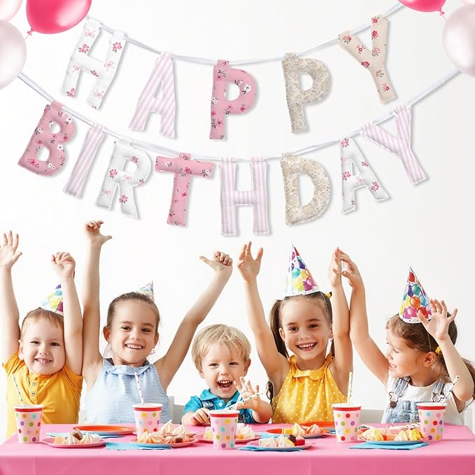 Suncalla Pre-strung Happy Birthday Banner Sign Reusable Felt Happy Birthday Garland Hanging Decorations Party Bunting Garland for Party Decor Photo Prop Home Backdrop(Floral)
