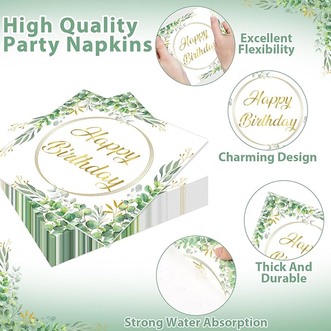 Qyeahkj 100 Pcs 18th Birthday Decorations Party Tableware Set Greenery Eucalyptus Paper Plates Sage Green Plates Forks and Napkins 18th Birthday Party Decors for 18 Years Girls Women Serve