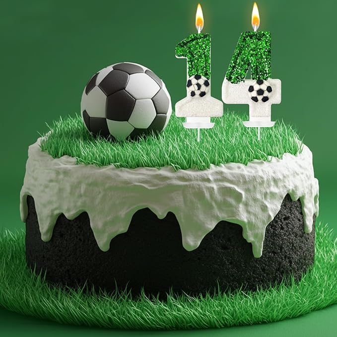 Soccer Birthday Candles Cake Topper for Girl and Boy, Wedding Cakes, Anniversaries, Party Celebrations, Birthday Decorations (Green White, 14)
