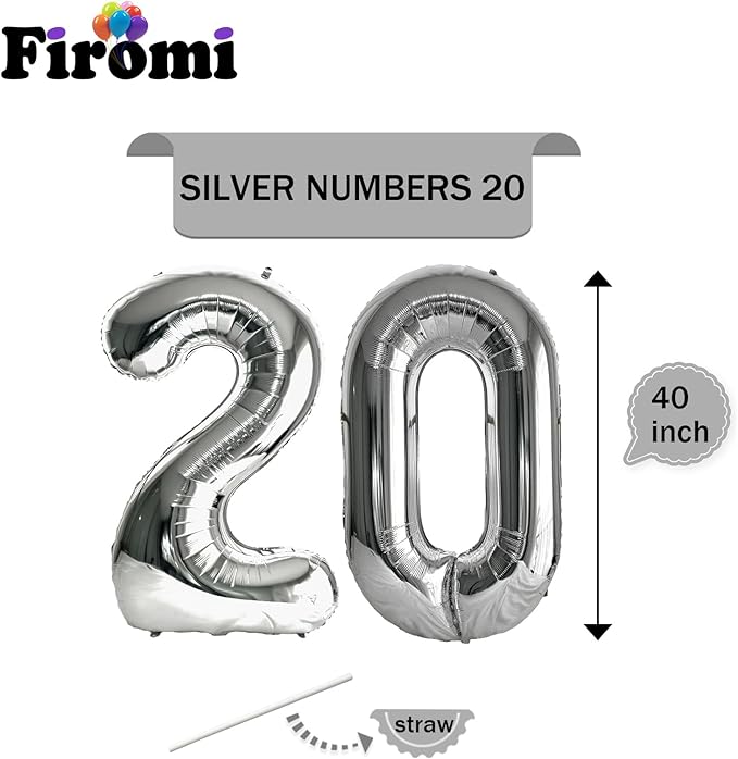 FIROMI 20 Number Balloons Silver Big Giant Jumbo Huge Foil Mylar 20 Balloon Numbers for 20th Birthday Party Anniversary Events Decorations 40-inches