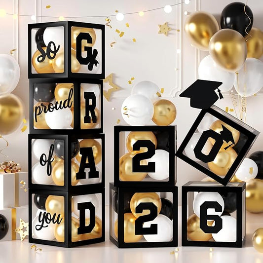 2026 Graduation Party Decorations, 4Pcs Black Boxes with 30Pcs Black White Gold Latex Balloons with Letters "2026 GRAD So Proud of You" for High School College Graduation Party Decorations (Black)