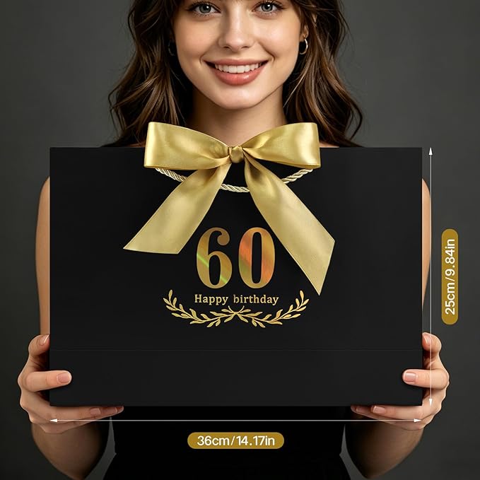 JMANNI Black Gold 60th Birthday Gift Bag with Card and Tissue Paper, 14.2"×9.84"×4.3" Large Present Bag for Men Women, 60 Year Old Birthday Keepsake Party Supplies