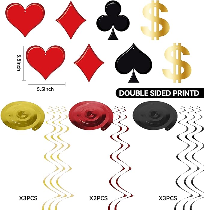 Pre-Strung 11PCS Casino Theme Happy Birthday Banners - Red Black Poker Birthday Party Decorations - Hanging Swirl Decor Supplies - Casino Games