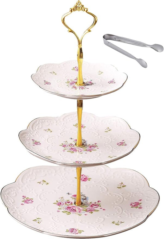 Jusalpha® Elegant Embossed 3-tier Ceramic Cake Stand- Cupcake Stand- Tea Party Pastry Serving Platter in Gift Box and a Free Sugar Tong (FL-Stand 03)