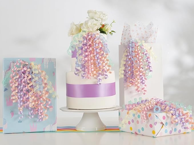HUIHUANG Pastel Bows for Gift Wrapping 7" Pastel Rainbow Curly Gift Bow Self Adhesive & Twist Tie Ribbon Bows for Presents Gifts Easter Baskets Baby Shower Party Favors- 6 Counts