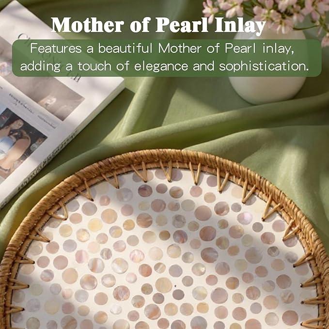 Round Rattan Tray with Mother of Pearl Inlay, Handwoven Wicker Coffee Table Serving Basket Tray for Fruit Snack Party Picnic Cafe Bedroom Kitchen Home Decor Set of 2 (Apricot Dot)