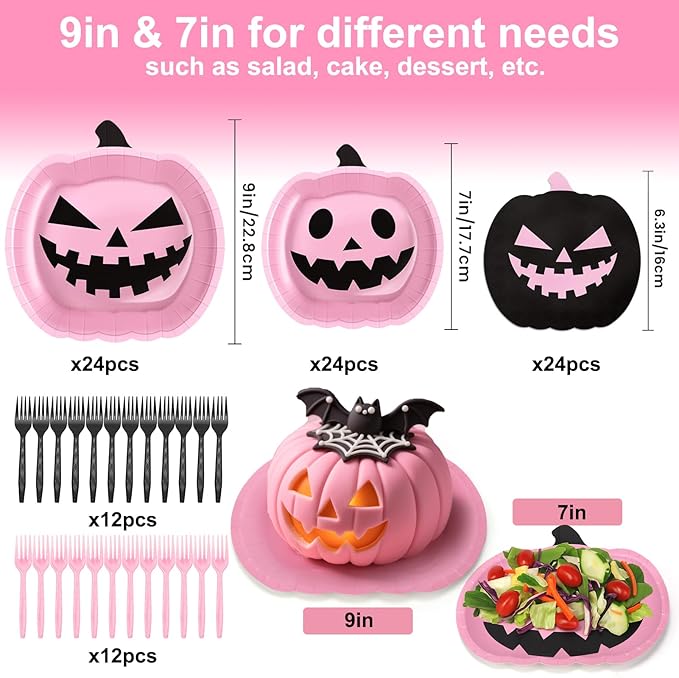 96 Pcs Halloween Paper Plates and Napkins Party Supplies Serve 24, 9" Pink Cartoon Pumpkin Disposable Plates for Halloween Birthday Baby Shower Table Decor