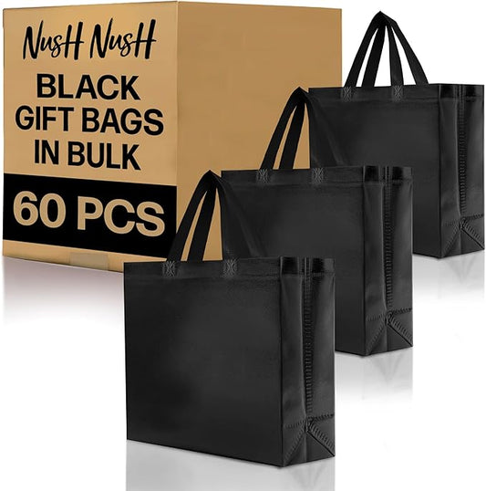 Nush Nush Set of 60 Black Gift Bags Bulk - Shiny Black Reusable Large Gift Bags with Handles - Ideal for Small Business, Big Parties and Events, Corporate Gifts, Halloween, Graduation - 13x5x11