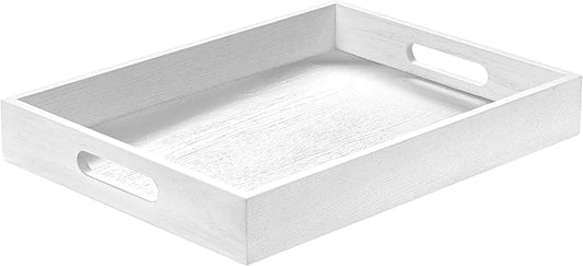 ATZYmolin Wood Serving Tray with Handles, Home Decorative Wooden Rectangle Ottoman Decor Platter Vanity Tray for Breakfast Dinner Drinks Kitchen Dining Living Bathroom Restaurants White