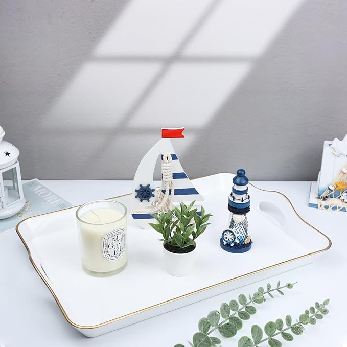Spsyrine White Decorative Serving Tray with Handles, Elegant Plastic Coffee Table Tray for Ottoman, Living Room, Home Decor