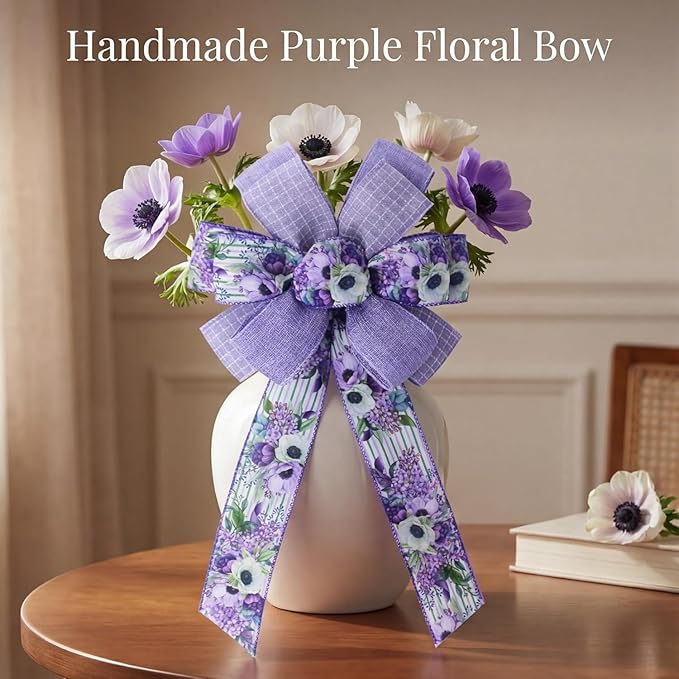 Spring Summer Purple Floral Wired Ribbon, 2.5 InchX 15 Yards Burlap Ribbon for Wreath, Bows, Gift Wrapping, Mother's Day, Wedding & DIY Craft (Purple)