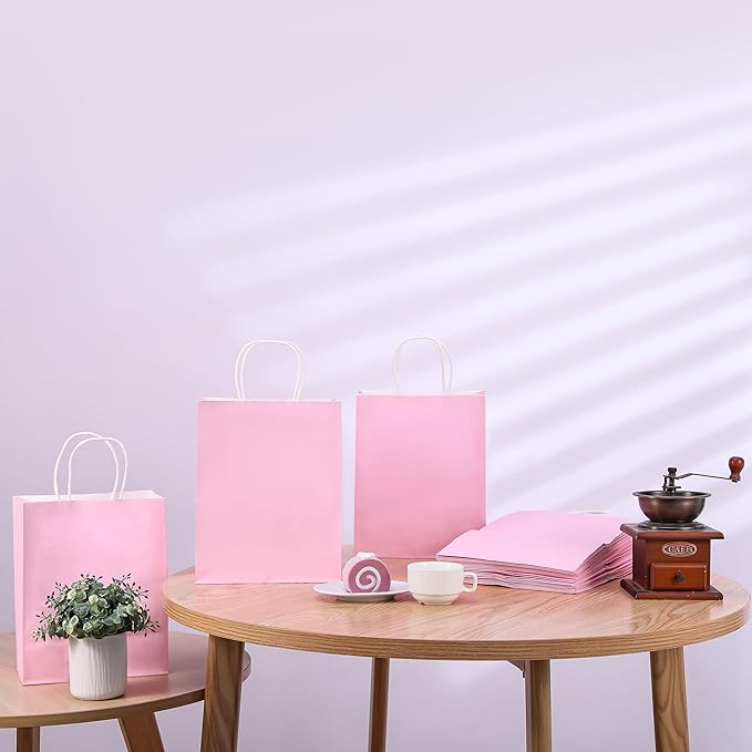 SUNCOLOR 25 Pack Pink Gift Bags with Handles – 8x4.5x10 Medium Bags for Shopping, Retail, DIY, Wedding, Party Favors & Special Occasions