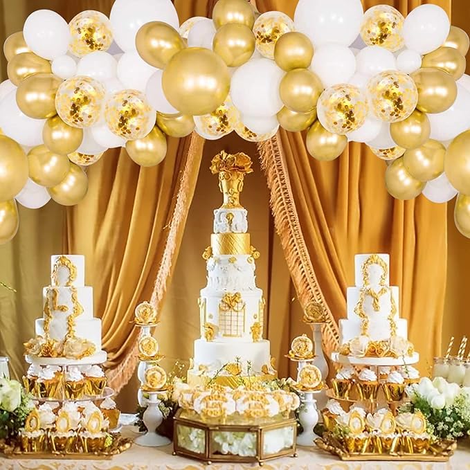 90Pcs White and Gold Balloons Set, 12 Inch Gold and White Balloons, Gold Confetti Latex Balloons for Birthday Anniversary Wedding