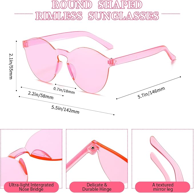 SUNOVELTIES 18/40 Pack Round Shaped Rimless Sunglasses Transparent Candy Color Party Glasses Colored Eyewear for Women