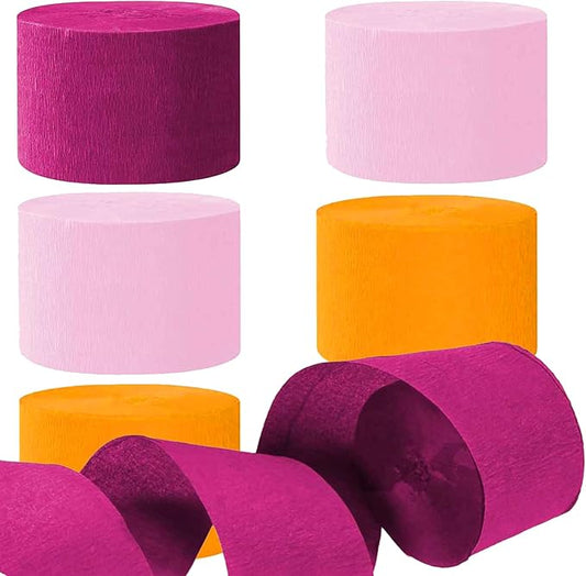 Rose Red,Light Pink and Orange Crepe Paper Streamers Party Streamer 1.8 Inch Widening 6 Rolls,Pink Orange Party Decorations Streamer 82 feet per roll for Birthday Party Decor