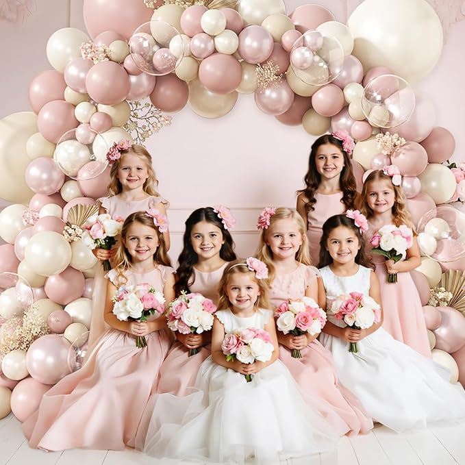 Amandir 173 Pcs Pearl White Pink Balloon Arch Garland Kit, Double Stuffed Dusty Pearl Pink White Sand Clear Balloons for Wedding Boho Neutral Bridal Shower Birthday Valentine's Day Party Decorations