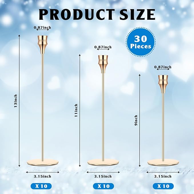 Yaomiao 30 Pcs Gold Candlestick Holder Bulk Gold Taper Candleholders Metal Candle Stick Holder Decor for Wedding Table Centerpiece Dinning Party Anniversary Fit 0.75 Inch Thick Candle 9, 11, 13 Inch