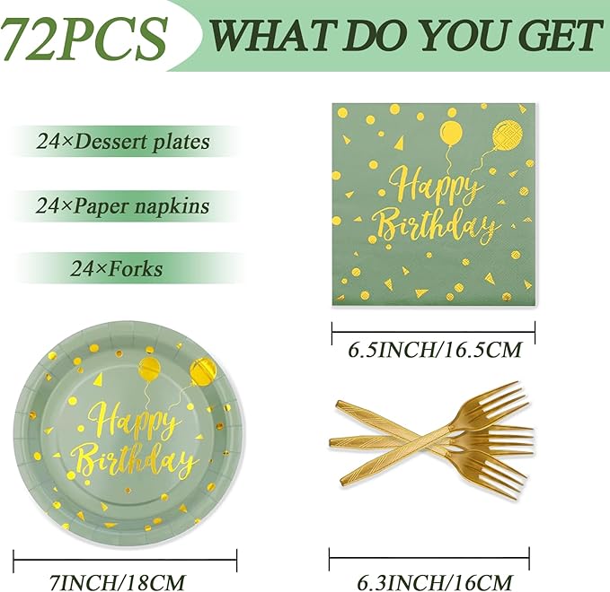 72PCS Happy Birthday Paper Plates - Sage Green and Gold Tableware Set Include 7Inch Paper Plates 6.5 Inch Napkins and 6.3 Inch Forks Disposable Decoration Supplies for Birthday Party,Serve 24
