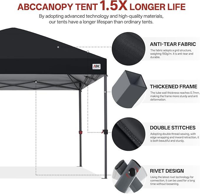 ABCCANOPY 8x8 Pop Up Canopy Tent, Easy Setup Instant Shelter with Wheeled Bag, Heavy Duty Outdoor Canopy for Beach, Market, Backyard, UV Protection, Outdoor Weather Protection (Black, 8x8)