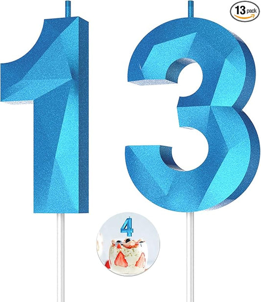Number Birthday Candles(13 Candle Blue) 3D Diamond Shape Number Happy Birthday Cake Candles for Birthday Party Wedding Decoration Reunions Theme Party