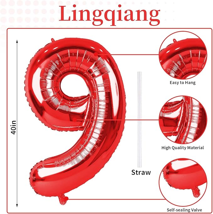 Red 9 Balloons for Boys, 40 Inch Large Foil Number Balloons Set 0-9, Self Inflating Digital 9 Helium Balloon for Girls Women Men Age Birthday Anniversary Party Decorations Photo Shoot Supplies