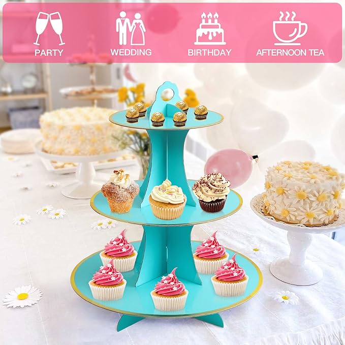 Soleebee 3-Tier Round Cupcake Stand, Cardboard Cupcake Tower, Dessert Cup Cake Stand Tower for Birthday Wedding Party Decoration, Cupcake Tier Stand 2 Set (Blue Gold)