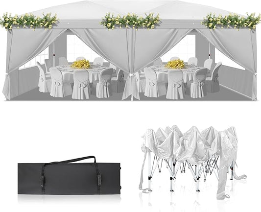 VINGLI 10x20 Pop Up Canopy Tent with Sidewalls, Outdoor Gazebo Canopy Tent, Patio Event Tents Outdoor Event Shelter for Parties (White)