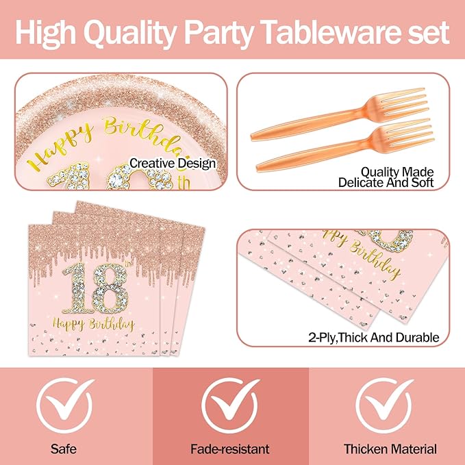 60 PCS 18th Birthday Decorations for Women, 18th Birthday Plates and Napkins Rose Gold Disposable Tableware Set Party Supplies for Women Cheers to 18 Years Anniversary (18TH)