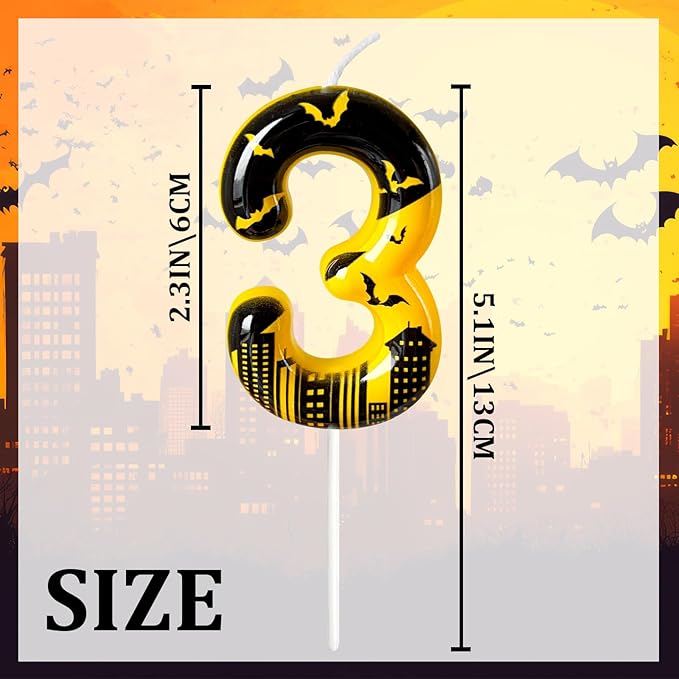 Black Yellow Number 3 Birthday Candle for Cake – Dark Night Hero Style with Bat & City Silhouette Design – Unique Cake Topper for Birthday, Anniversary, Themed Party Decoration