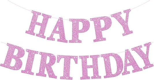 Glitter Happy Birthday Banner Sign Birthday Garland Wall Door Banners Flag for Women Men Boys Girls Party Backdrop Hanging Decorations Personalized Name Banners, Large Letters Pink